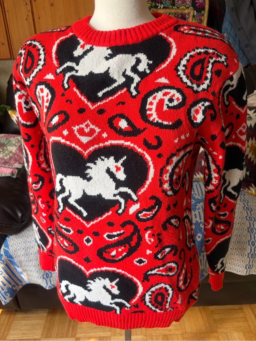 OKNIT Paisley Unicorn Heart Knit Crew Neck Sweater Size Lrg